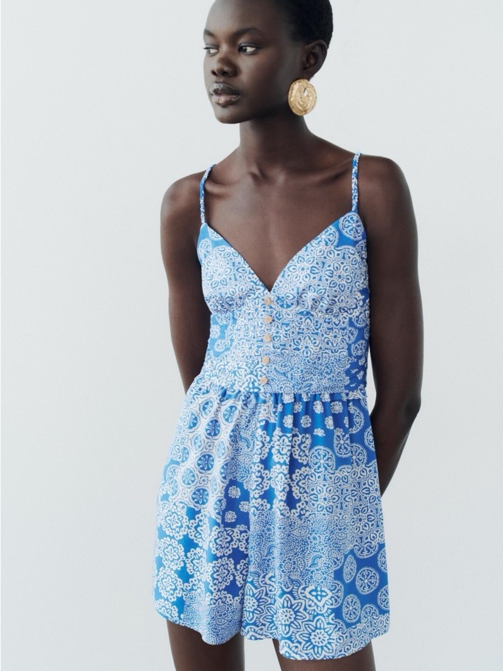 Zara Blue and White Paisley Print Spaghetti Strap Romper